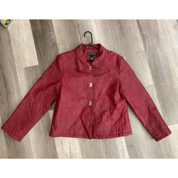 Dialogue Red Quilted Leather Jacket Toggle Button Front, Sz Medium - Picture 1 of 9